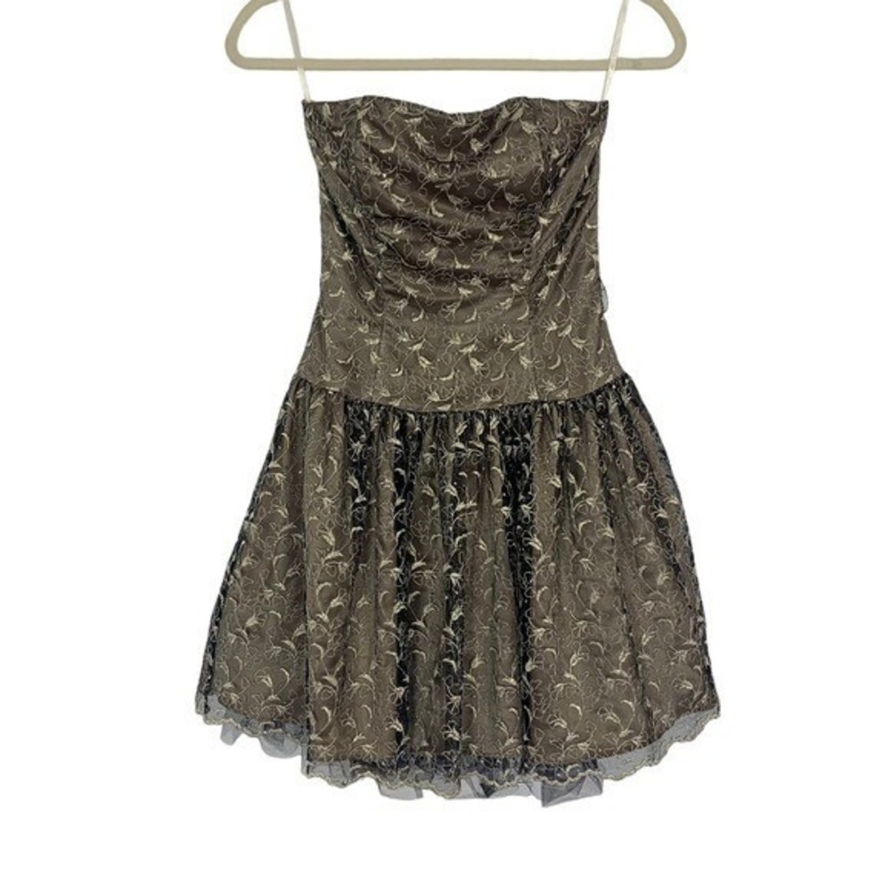 Jessica McClintock Gold Strapless Fit Flare Dress Floral Overlay Party 2 Retro